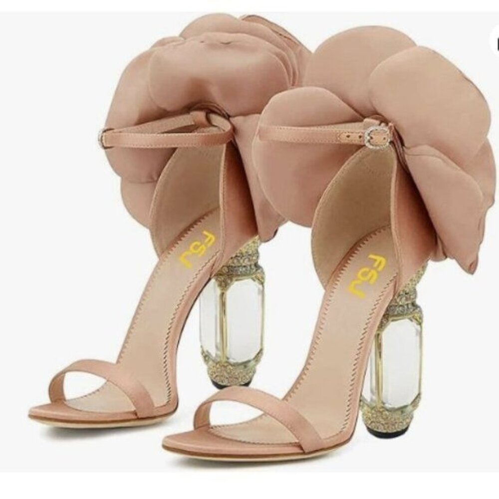 FSJ Blush Pink Floral Bow Crystal Block Heel Sandals